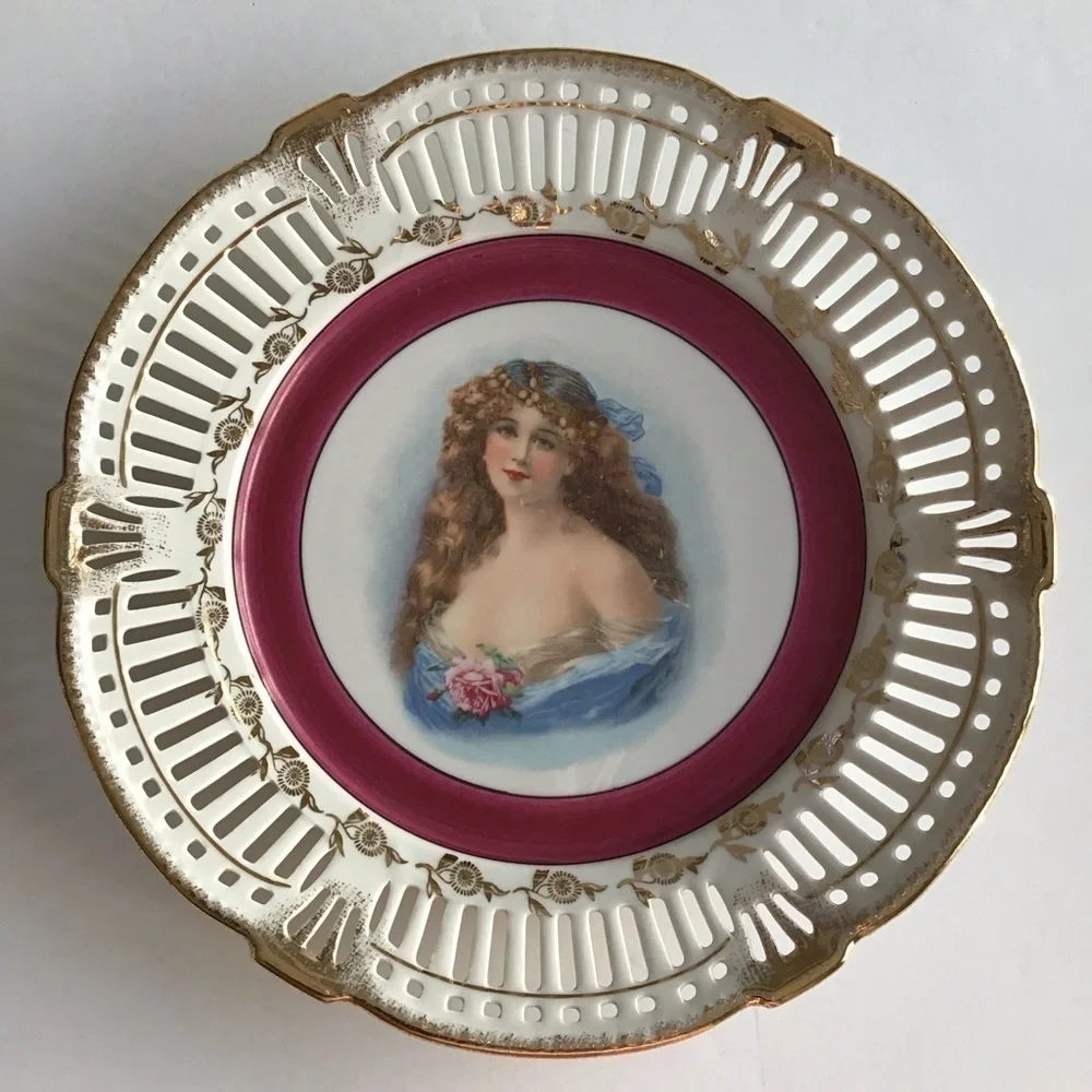 PAIR Portrait Plate Reticulated Maidens Paul's Gifts FRP & Co NY Germany Vintage